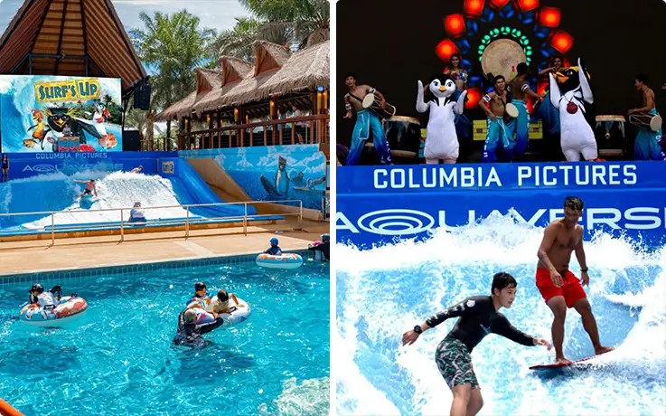 Visitors riding the waves at the wave simulator in Columbia Pictures Aquaverse in Pattaya